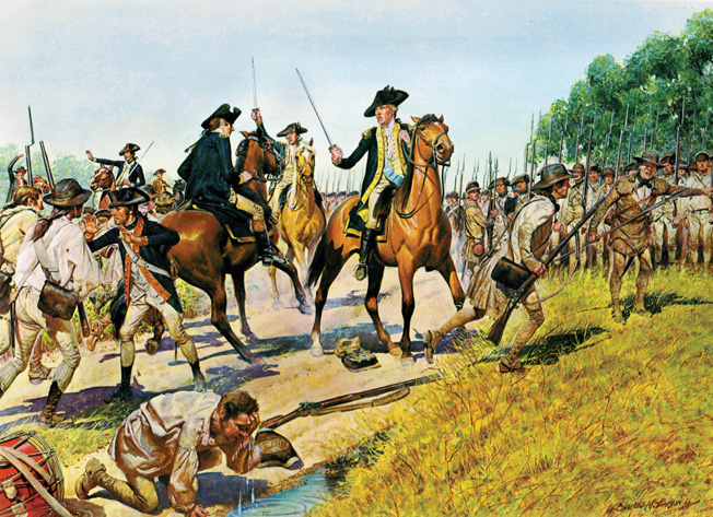 An angry George Washington confronts Charles Lee as staff officers attempt to halt the American retreat. The men’s ragtag uniforms in this H. Charles McBarron painting are more accurate than those shown in Lutze’s piece.