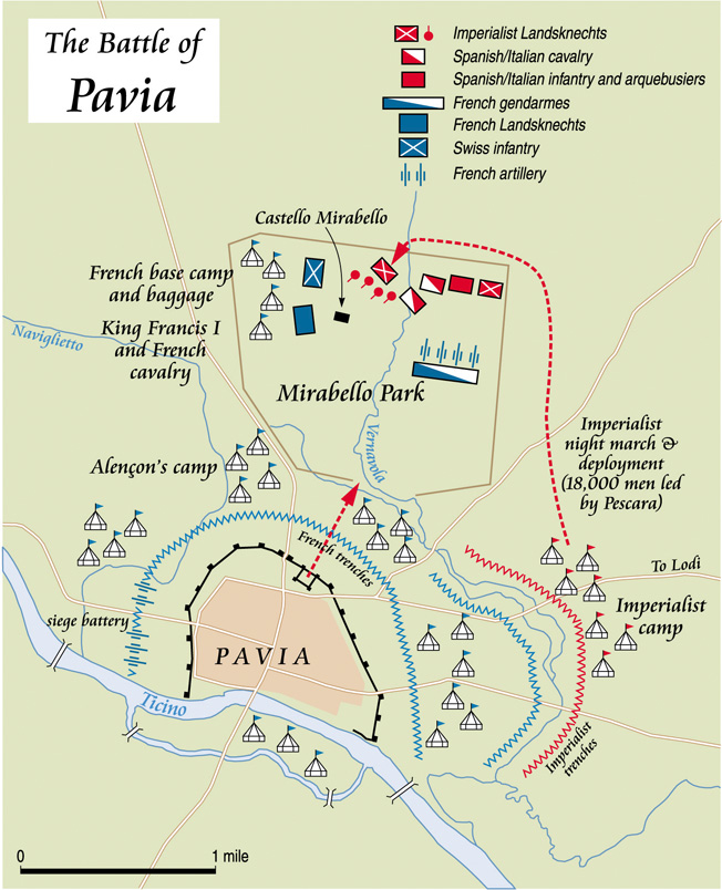 The French held a strong position at Pavia, but the marshy terrain and fenced-in hunting grounds limited their mobility and fatally exposed their cavalry's flanks. 