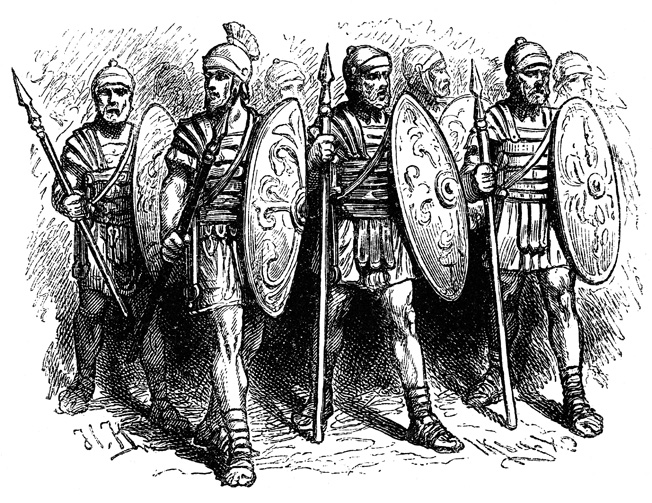 These Roman legionaries are equiped with Pilums, short swords, and shields.
