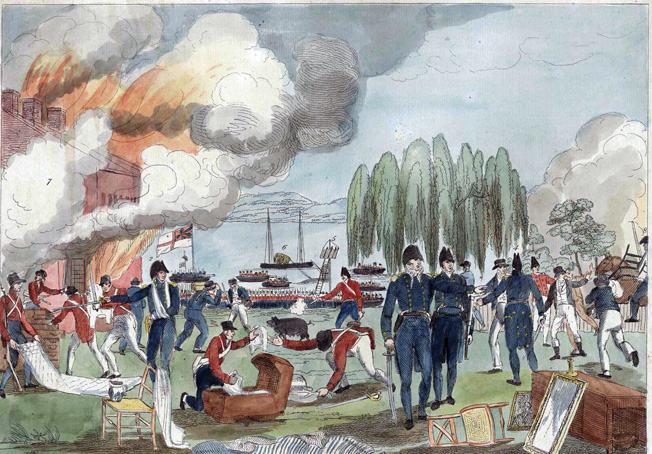 Rear Admiral George Cockburn’s British forces burn and plunder Havre de Grace, Maryland, in May 1813.
