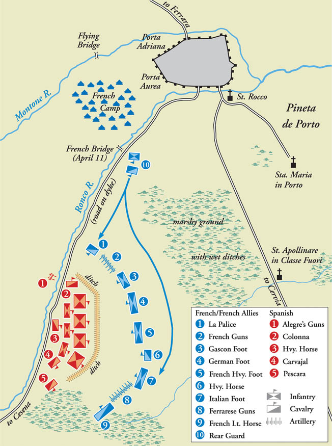 Going against established practice, Spanish forces mounted the offensive at Ravenna. The mushy ground east of the Ronco River made the footing difficult for both sides.