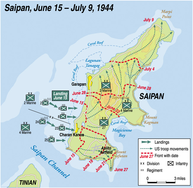 The 2nd and 4th Marine Division landed on the southwestern part of Saipan.
