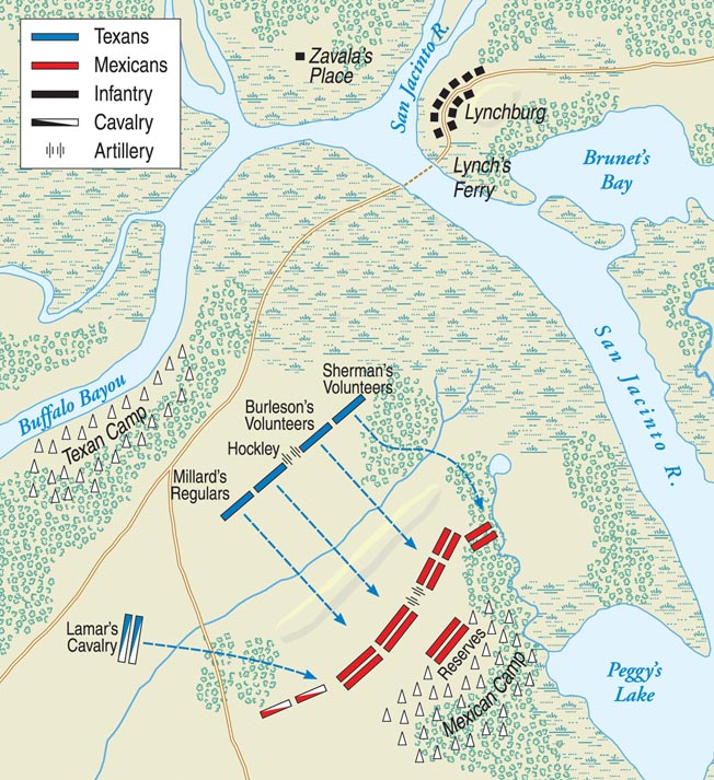 San Jacinto was a small, grassy expanse barely three square miles in size. Neither the San Jacinto River nor the Buffalo Bayou was fordable and, therefore, escape under fire was nearly impossible.