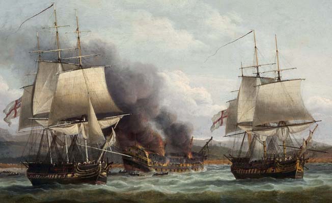 A French crew abandons its burning ship off San Domingo. At the conclusion of the brief battle, three French ships had surrendered and two others were aground.