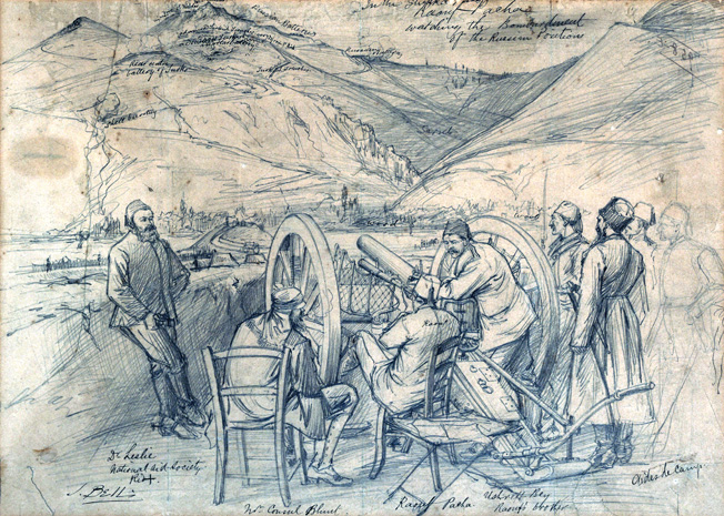 Turkish commander Reuf Pasha, seated center, watches his artillery bombard Russian positions at Shipka Pass in this sketch for the Illustrated London News.