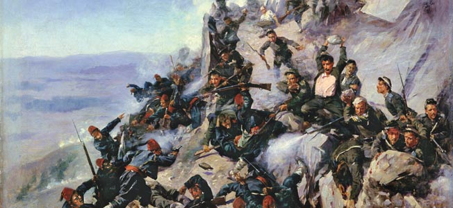 A contemporary painting of the Battle of Shipka Pass shows Russian troops fending off a desperate attack by the Turks. Russian General Mikhail Skobelev distinguished himself during the Russo-Turkish War of 1877-1878 by capturing the strategic mountain pass.