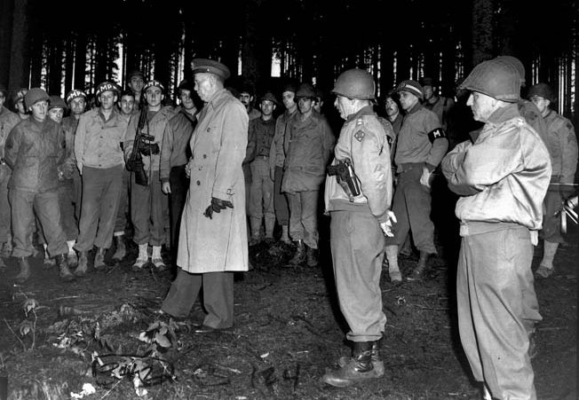  General George C. Marshall visits American soldiers in Europe in October 1944. These troops are destined to fight the Nazis along the German frontier at the fortified Siegfried Line. 