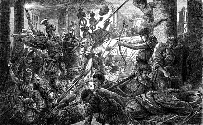 Sulla’s legionnaires battle the Marians in Rome during Sulla’s First Civil War. At the outset of his journey east to wage war against Mithridates of Pontus, Consul Sulla turned back to Rome to quell disturbances by force.