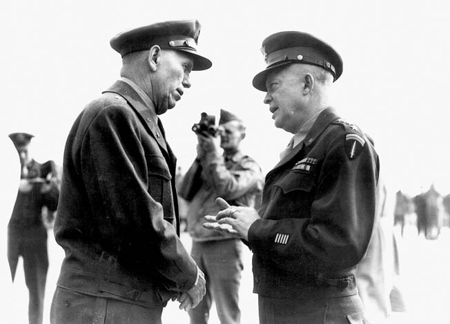 Marshall, right, visits with General Dwight D. Eisenhower in <a href=