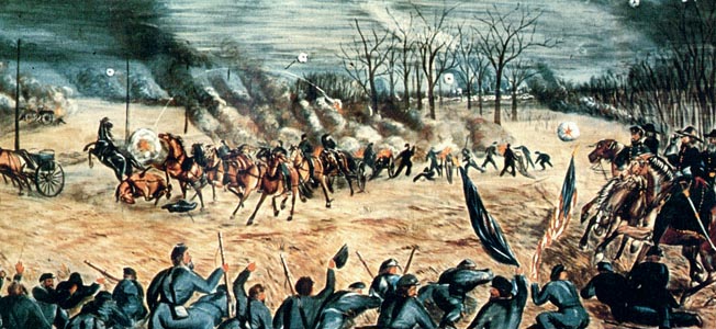 In another Travis sketch, a momentarily unflappable Rosecrans, right, peers through binoculars at the fighting while Confederate artillery shells explode amid Union artillery in the foreground. 