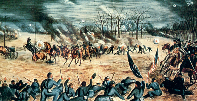 Commanding General William Rosecrans, far right, scans the Confederate artillery firing at a Federal battery in the middle distance.