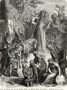 harlemagne oversees the destruction of the Irminsul, the principal pagan shrine, in a 19th-century illustration. Christian missionaries were protected by Carolingian troops as they went about their dangerous work.