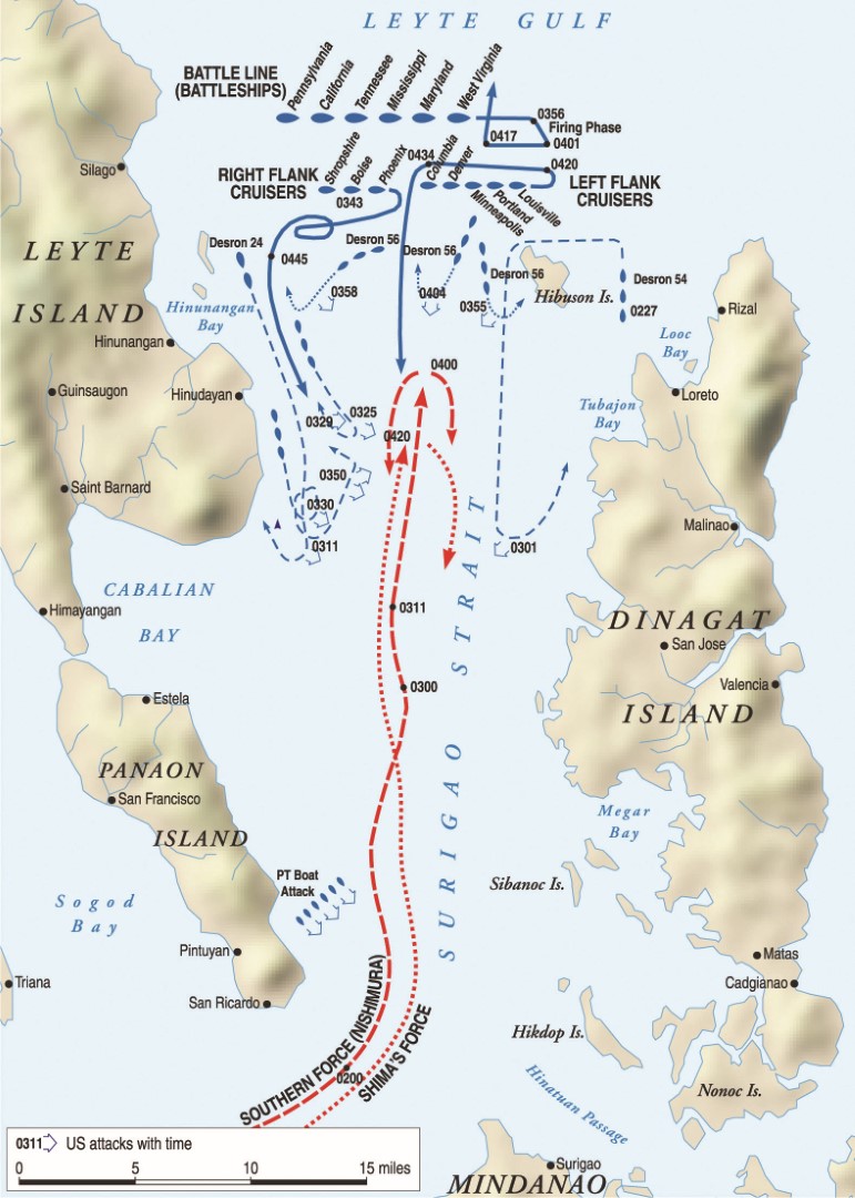 During the Battle of Surigao Strait, American Rear Admiral Jesse Oldendorf executed the classic naval maneuver of crossing his enemy’s “T.” The American battle line under Oldendorf was able to fire full broadsides at the Japanese, who could only reply initially with forward guns.