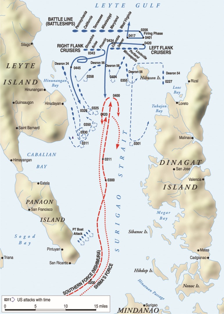 The U.S. Navy force under Admiral Jesse B. Oldendorf harassed the Japanese the length of Surigao Strait and completed the rout of the enemy force with a classic crossing of the T.