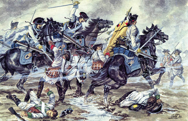 Prussian cuirassiers in white uniforms charge the Austrian right flank late in the day.