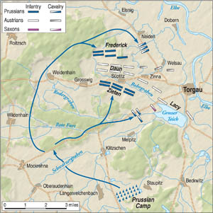 Frederick’s first attempt to take the high ground at Torgau failed, but the arrival of General von Zieten’s troops ultimately enabled the Prussians to capture Suptitzer Heights. 