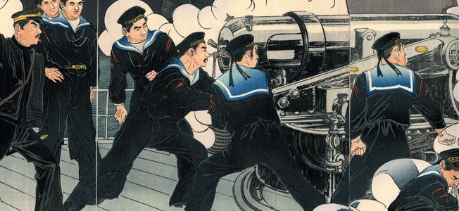 A Japanese print depicts naval gun crew in action during the 1905 victory over Russians at Battle of Tsushima Strait. The victory gave Japan a false sense of superiority.