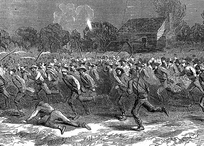 Initially mistaken by Confederate gunners as comrades mounting a counterattack, these Rebel prisoners are rushed to the Union rear. The Hesitation cased a fatal delay in artillery fire.