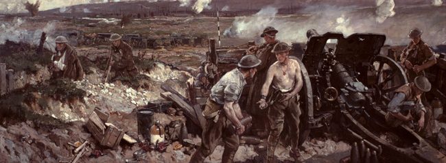 Canadian gunners shell supposedly impregnable Vimy Ridge on April 9, 1917, in this 1919 painting by Richard Jack.