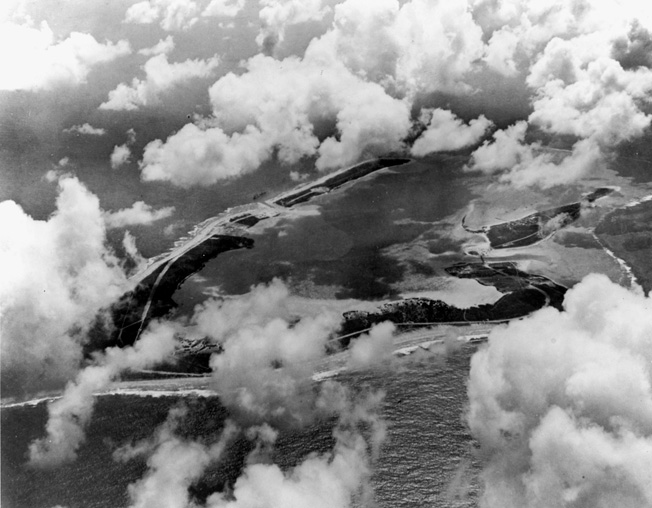 A good aerial view of V-shaped Wake Island atoll was taken in the spring of 1941.