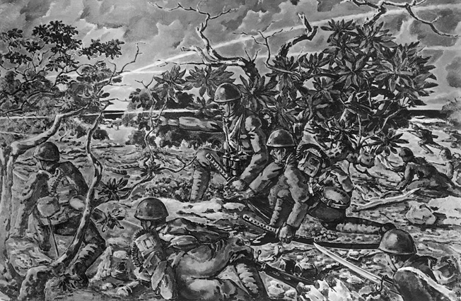 A Japanese artist painted this detailed image of his fellow troops, some carrying samurai swords, assaulting the American positions at Wake Island.