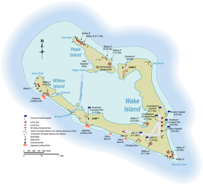 Strategically located Wake Island was the largest of three islands surrounding a central lagoon in the western Pacific, halfway between Guam and Midway Islands. 