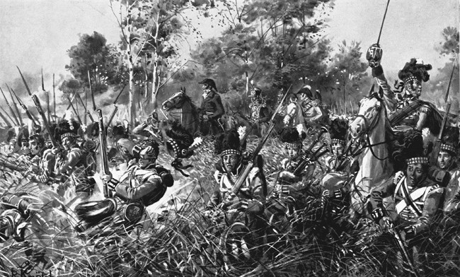 Scottish Highlanders advance through the heavy woods at Quatre Bras. The fighting was so intense that the Cameron Highlanders in the 79th Regiment had to lie down to minimize casualties from French artillery.
