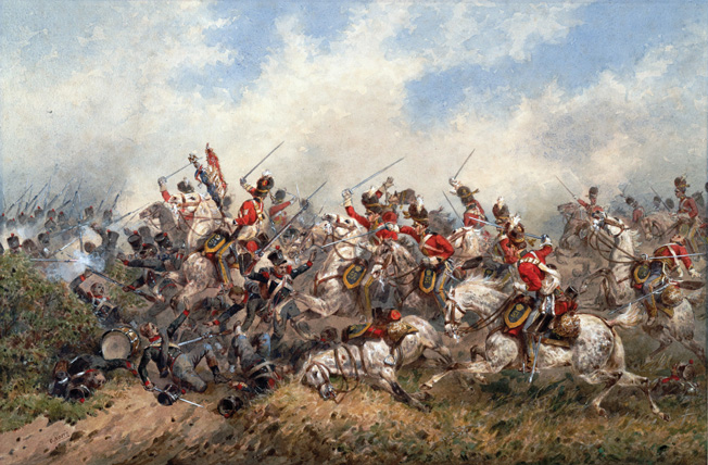 A depiction of the charge of the Union Brigade at Waterloo. The cavalry attack, one of the most famous in British history, foundered against Napoleon’s Grand Battery, but not before capturing an eagle standard from the French.