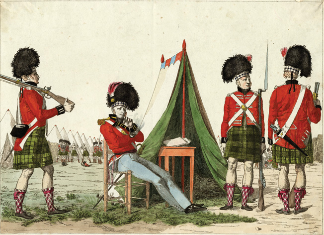 The 42nd Royal Highland Regiment, the Black Watch, in camp. Enlisted men in kilts attend an officer wearing more formal trousers.