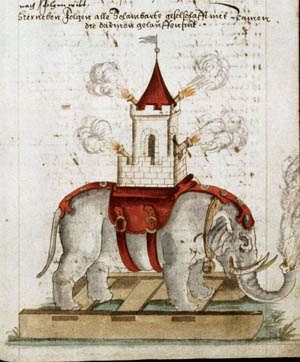 Medieval drawing of an elephant bearing a castle armed with a cannon.