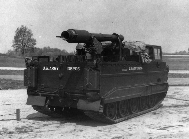 An M-116 is seen fitted with the Davy Crockett mobile missile launcher. The launcher would be retired in 1971.