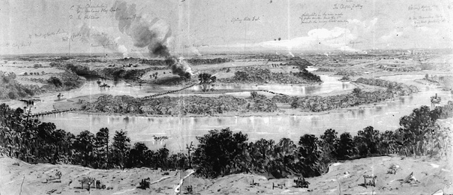 A drawing of the area south and east of Broadway Landing from the 180-foot-high Cobb's Signal Tower shows the Point of Rocks Bridge, the town, and its pontoon bridge.