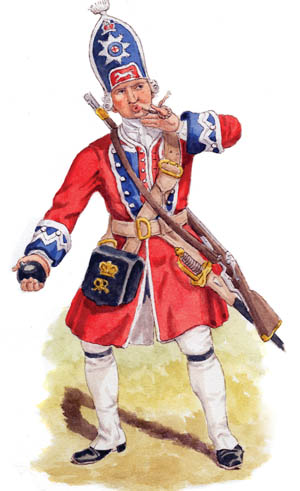 A British 18th-century grenadier blows on his match to rekindle it and ignite the hand grenade in his right hand.