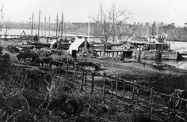 Mathew Brady's photograph of Broadway Landing was taken at the time of the Battle of the Crater. Cobb's Hill Signal Tower and the pontoon bridge are clearly visible on th left. 