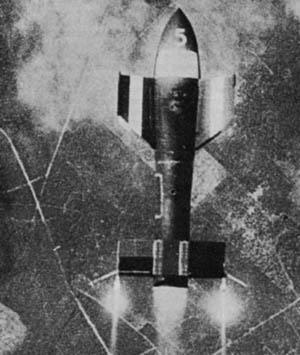 A German Fritz-X bomb photographed during a test. To get the Fritz-X onto its target, a bombardier visually guided the bomb with radio signals by superimposing it over the target.