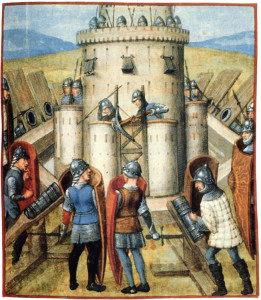 Assault on a 15th-century castle. The besiegers have bombards, an early form of cannon, greatly improving their odds of success.