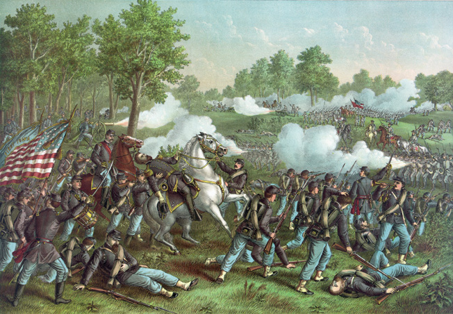 Mortally wounded, Brigadier General Nathaniel Lyon reels in the saddle at Wilson's Creek. He died almost immediately.