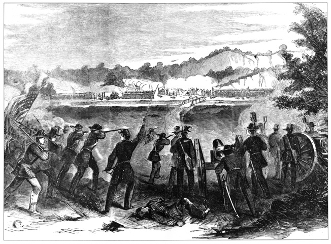 Union troops press the Missouri State Guard at Carthage on July 5, 1861. They were unsuccessful in their attack.