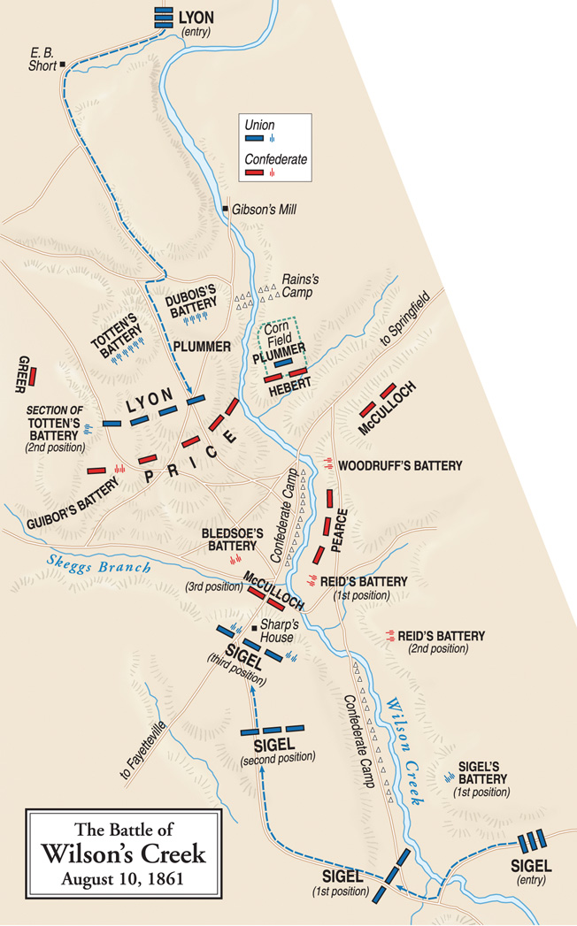 Union defenses centered on aptly named Bloody Hill, west of Wilson's Creek. The phenomenon known as "acoustic shadow" masked the sound of firing at the battle.