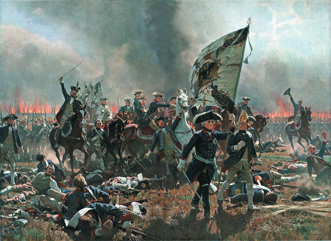 Clutching the colors of the 46th Infantry Regiment, Frederick rallies his men in a last-ditch stand on the Prussian left. Seydlitz's cavalry would save the day.