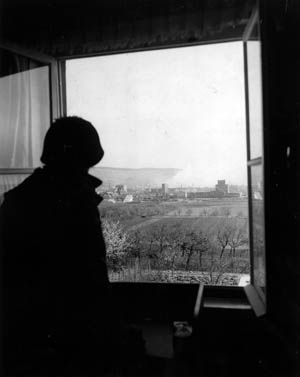 An American soldier looks out over Heilbronn from an observation post.