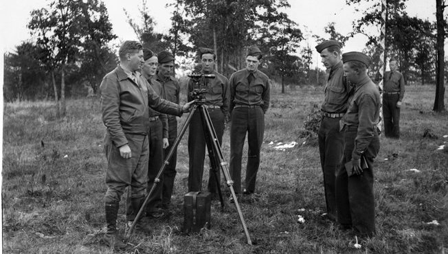 Marshall expanded the professionalism of the Army during the interwar years. Here a group of Army engineers attends a class in surveying.