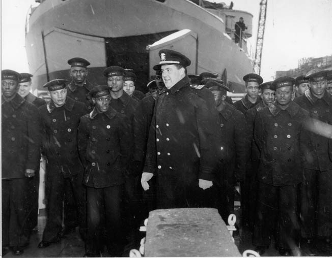 Lt. Cmdr. William M. “Big Bill” Blackford, assumes command of the USS Mason during commissioning ceremonies at Boston Navy Yard, March 20, 1944. Blackford was fiercely proud of his men and defended them against any slights by other white officers.