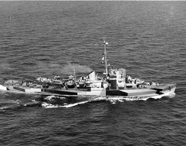 The USS Mason photographed in disruptive camouflage, August 1944 near the Boston Navy Yard. The ship was sold for scrap in 1947.