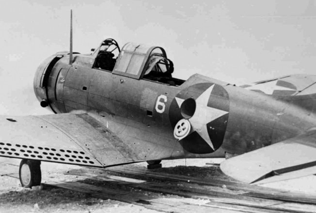 This Douglas SBD-2 Dauntless dive bomber, flown by Lieutenant Daniel Iverson with his gunner Private Wallace Reid, was one of only eight from VMSB-241 to return from the attack against the Japanese fleet on June 4. The plane had 219 holes from enemy fire.