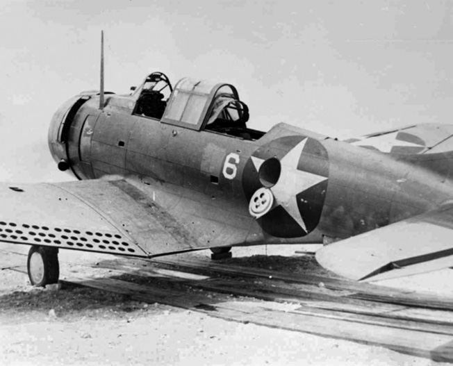 This Douglas SBD-2 Dauntless dive bomber, flown by Lieutenant Daniel Iverson with his gunner Private Wallace Reid, was one of only eight from VMSB-241 to return from the attack against the Japanese fleet on June 4. The plane had 219 holes from enemy fire.