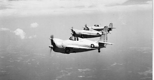 A formation of Marine Grumman F4F-3 Wildcat fighters photographed in 1941.