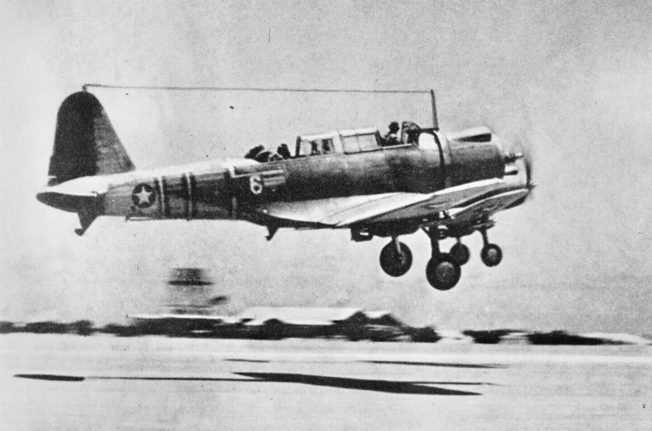 A Vought SB2U-3 takes off from Midway on a training flight a few days before the Battle of Midway. This particular Vindicator was flown on June 4 by 2nd Lt. James H. Marmande and disappeared about 10 miles from Midway.