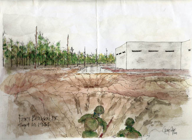 A watercolor sketch by George Cape, a friend of Sheffloe’s, depicts the day Sheffloe was wounded outside Fort Boughan on September 10, 1944.