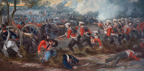 Bayonet-wielding troops in the British 31st Regiment of Foot overwhelm Sikh artillerists at Mukdi, the opening battle of the bloody First Sikh War between Great Britain and the Sikh empire.